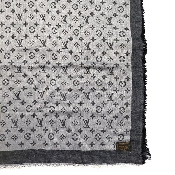 LOUIS VUITTON LV Vintage Light & Charcoal Gray Black Monogram Scarf Shawl Wrap - Picture 9 of 11